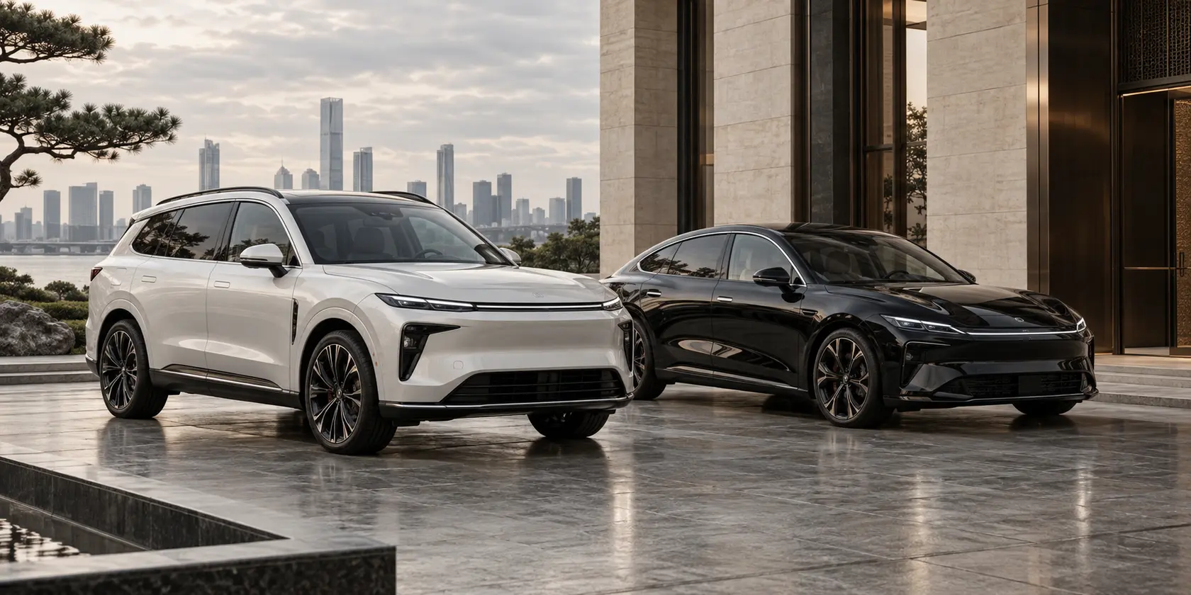Dwa nowoczesne samochody z Chin: biały SUV i czarny fastback